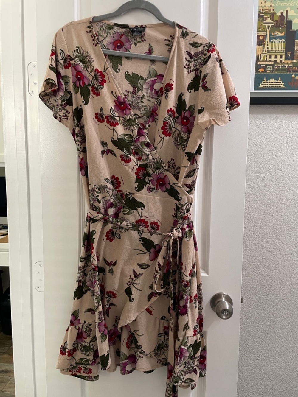 City Chic Beige Wrap Dress with Pink Floral Print